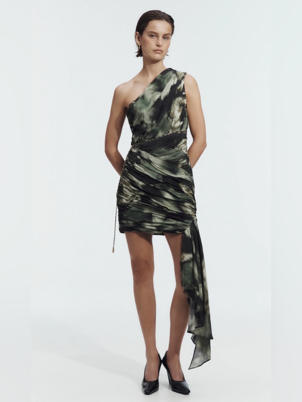 Aje New Arrival One-Shoulder Melody Mini Dress in Green and Black Tie-Dye